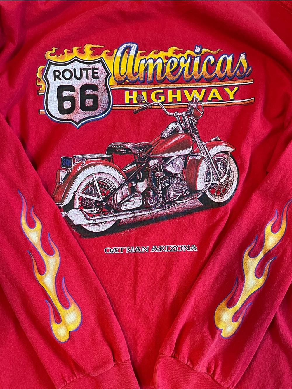 Route 66 Red Kids Long Sleeve Tee with Motorcycle & Flame Graphics